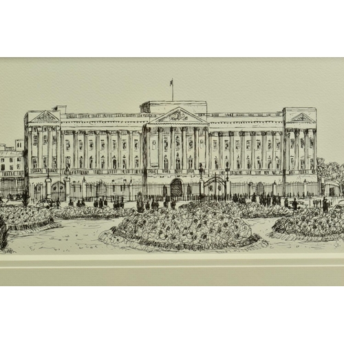 306 - PHILLIP BISSELL (BRITISH 1952) 'BUCKINGHAM PALACE' a pen and ink drawing of the London landmark, sig... 