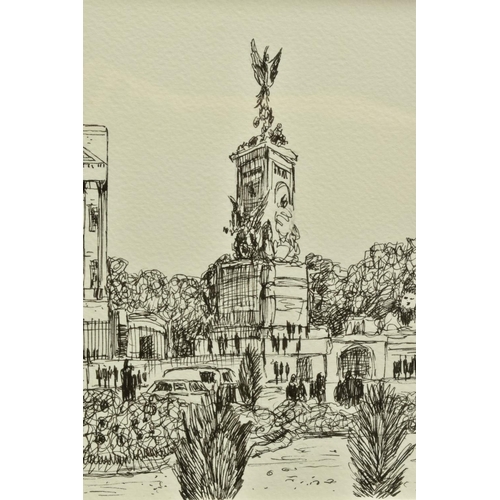 306 - PHILLIP BISSELL (BRITISH 1952) 'BUCKINGHAM PALACE' a pen and ink drawing of the London landmark, sig... 