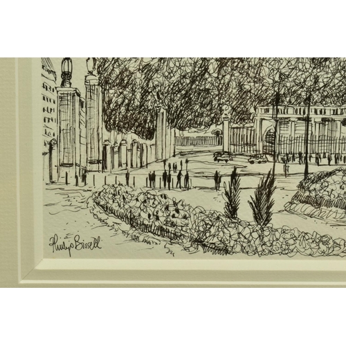 306 - PHILLIP BISSELL (BRITISH 1952) 'BUCKINGHAM PALACE' a pen and ink drawing of the London landmark, sig... 