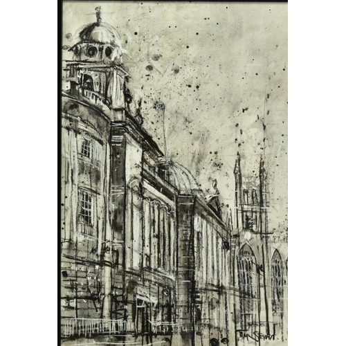 309 - TIM STEWARD (BRITISH CONTEMPORARY) 'HIGH STREET BATH' a cityscape in monochrome, signed bottom right... 