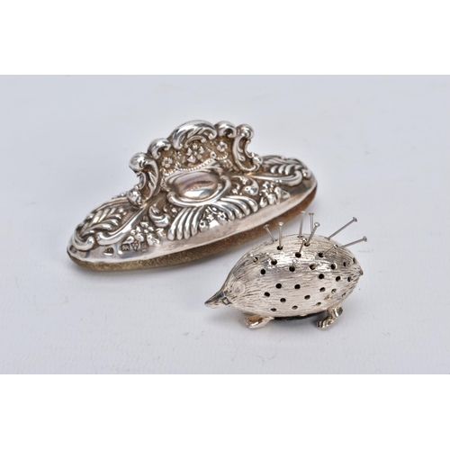 43 - A SILVER PIN CUSHION AND NAIL BUFFER, the pin cushion on the form of a hedgehog, hallmarked Birmingh... 