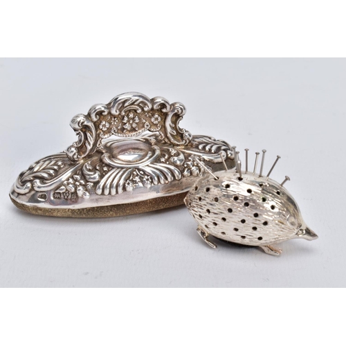 43 - A SILVER PIN CUSHION AND NAIL BUFFER, the pin cushion on the form of a hedgehog, hallmarked Birmingh... 