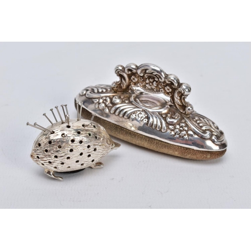 43 - A SILVER PIN CUSHION AND NAIL BUFFER, the pin cushion on the form of a hedgehog, hallmarked Birmingh... 