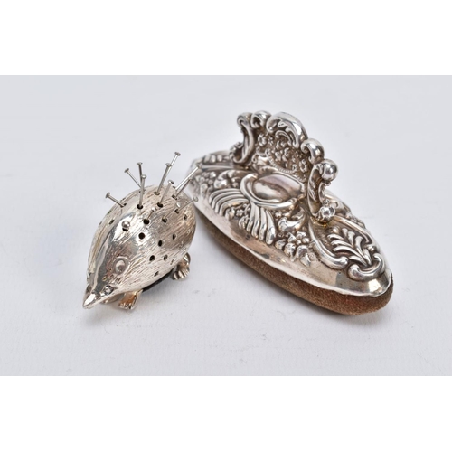 43 - A SILVER PIN CUSHION AND NAIL BUFFER, the pin cushion on the form of a hedgehog, hallmarked Birmingh... 