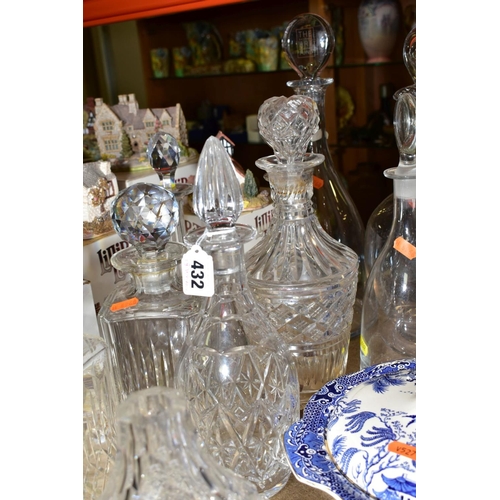 432 - NINE GLASS DECANTERS AND A GLASS CLARET JUG WITH STOPPER, including a pair of George III style with ... 