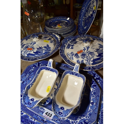 433 - A SMALL GROUP OF BURLEIGH WARE WILLOW PATTERN BLUE AND WHITE DINNER WARES, comprising a graduated se... 