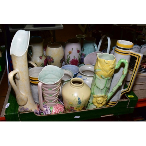 436 - TWO BOXES OF RADFORD POTTERY VASES, WALL POCKETS, EWERS AND BASKETS, various design including floral... 