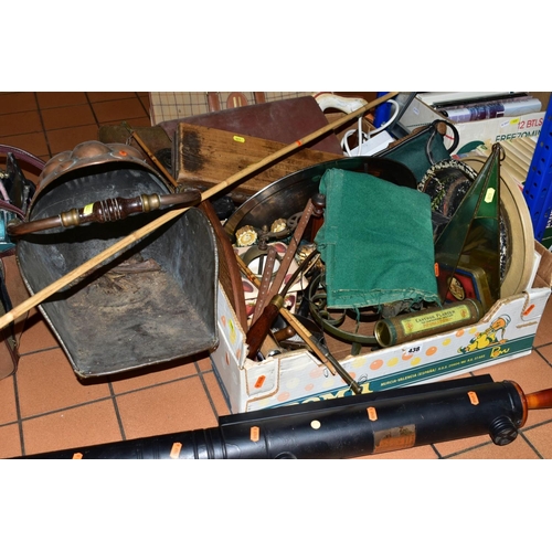 438 - TWO BOXES AND LOOSE METALWARES AND COLLECTABLES, including a late Victorian copper coal scuttle, a w... 