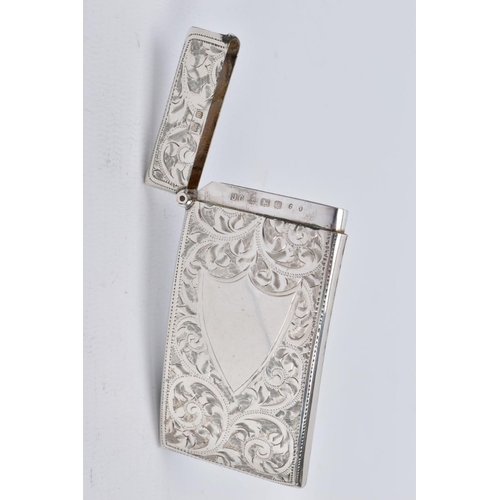 44 - AN EDWARDIAN SILVER CARD CASE, of curved rectangular form, scroll and floral detailing to both sides... 