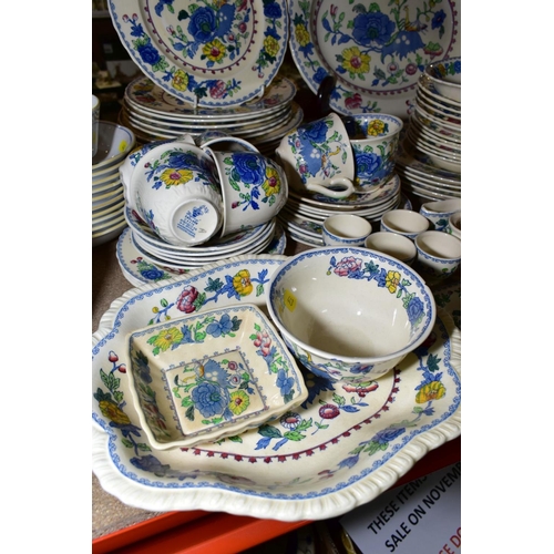 443 - A QUANTITY OF MASONS REGENCY PATTERN DINNER AND TEA WARES, including an oval meat platter, an open s... 