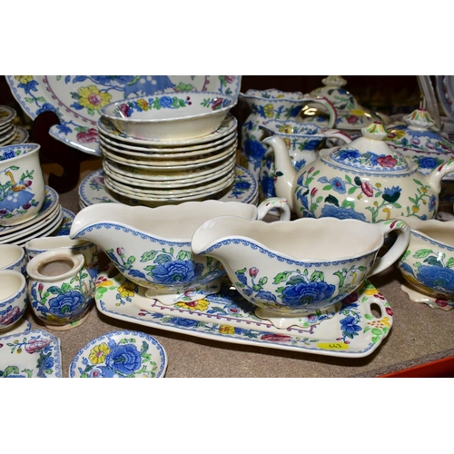 443 - A QUANTITY OF MASONS REGENCY PATTERN DINNER AND TEA WARES, including an oval meat platter, an open s... 