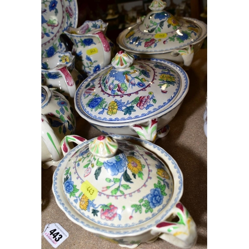 443 - A QUANTITY OF MASONS REGENCY PATTERN DINNER AND TEA WARES, including an oval meat platter, an open s... 