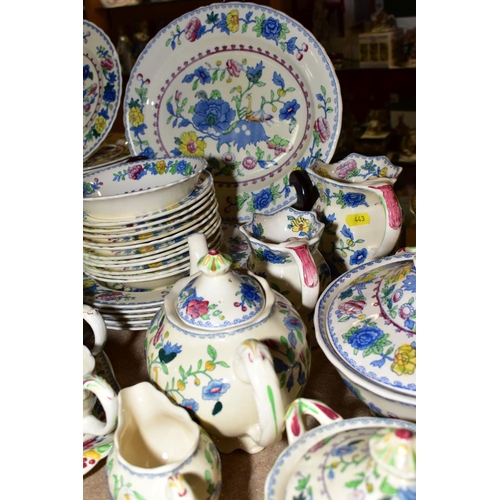 443 - A QUANTITY OF MASONS REGENCY PATTERN DINNER AND TEA WARES, including an oval meat platter, an open s... 