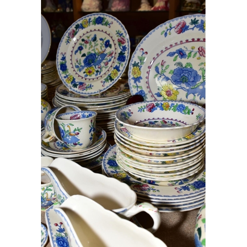 443 - A QUANTITY OF MASONS REGENCY PATTERN DINNER AND TEA WARES, including an oval meat platter, an open s... 