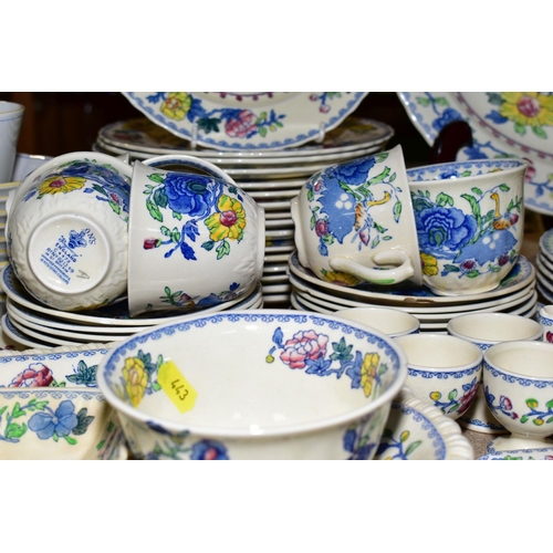 443 - A QUANTITY OF MASONS REGENCY PATTERN DINNER AND TEA WARES, including an oval meat platter, an open s... 