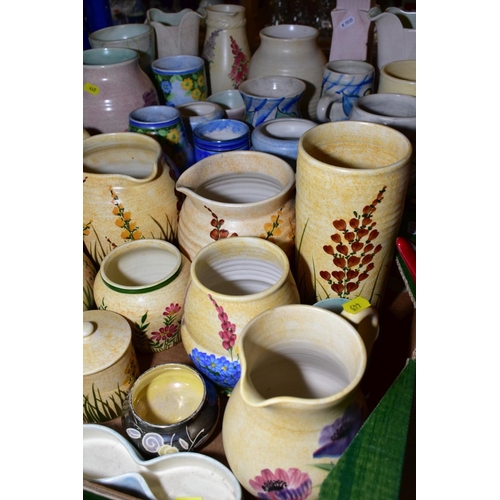 445 - TWO BOXES OF RADFORD POTTERY JUGS, VASES, PRESERVE JAR, DWARF CANDLESTICK, etc, the majority painted... 