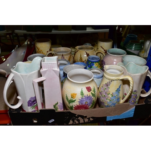 445 - TWO BOXES OF RADFORD POTTERY JUGS, VASES, PRESERVE JAR, DWARF CANDLESTICK, etc, the majority painted... 