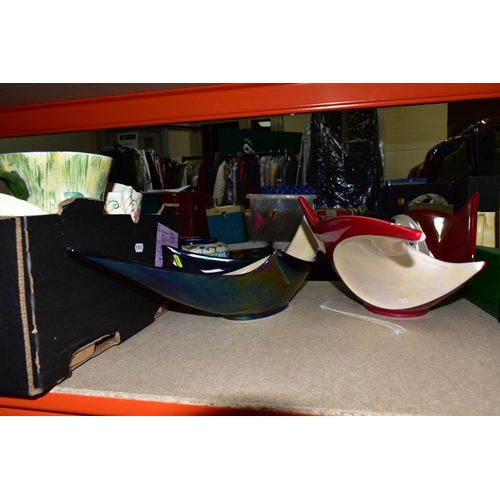 446 - TWO MID 20TH CENTURY VALLAURIS POTTERY ELONGATED DISHES AND TWO BOXES OF ASSORTED CERAMICS, the two ... 