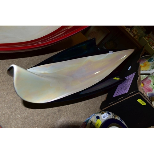 446 - TWO MID 20TH CENTURY VALLAURIS POTTERY ELONGATED DISHES AND TWO BOXES OF ASSORTED CERAMICS, the two ... 