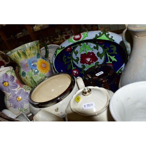 446 - TWO MID 20TH CENTURY VALLAURIS POTTERY ELONGATED DISHES AND TWO BOXES OF ASSORTED CERAMICS, the two ... 