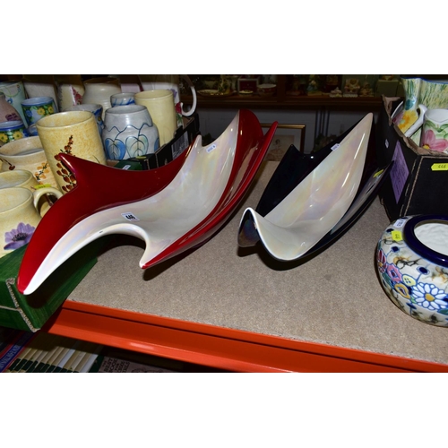 446 - TWO MID 20TH CENTURY VALLAURIS POTTERY ELONGATED DISHES AND TWO BOXES OF ASSORTED CERAMICS, the two ... 