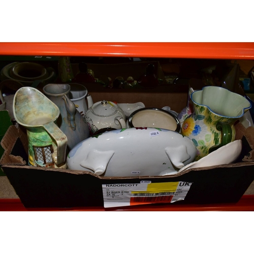 446 - TWO MID 20TH CENTURY VALLAURIS POTTERY ELONGATED DISHES AND TWO BOXES OF ASSORTED CERAMICS, the two ... 