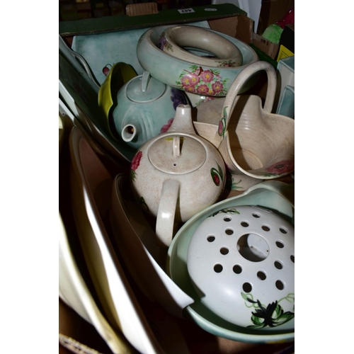 447 - THREE BOXES OF RADFORD POTTERY VASES, JUGS, EWER, BASKETS, TEAPOTS, FLOWER RINGS, etc, mostly painte... 