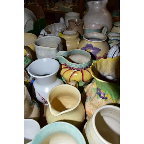 447 - THREE BOXES OF RADFORD POTTERY VASES, JUGS, EWER, BASKETS, TEAPOTS, FLOWER RINGS, etc, mostly painte... 