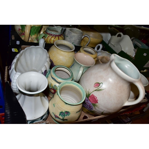 447 - THREE BOXES OF RADFORD POTTERY VASES, JUGS, EWER, BASKETS, TEAPOTS, FLOWER RINGS, etc, mostly painte... 