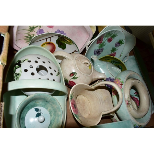 447 - THREE BOXES OF RADFORD POTTERY VASES, JUGS, EWER, BASKETS, TEAPOTS, FLOWER RINGS, etc, mostly painte... 