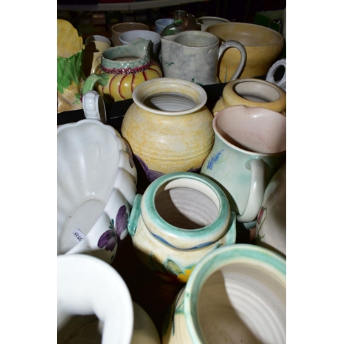 447 - THREE BOXES OF RADFORD POTTERY VASES, JUGS, EWER, BASKETS, TEAPOTS, FLOWER RINGS, etc, mostly painte... 