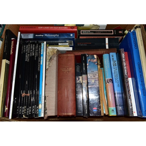 450 - FOUR BOXES OF BOOKS AND A BOX OF ORDNANCE SURVEY MAPS, books include Old Master art interest, The Na... 