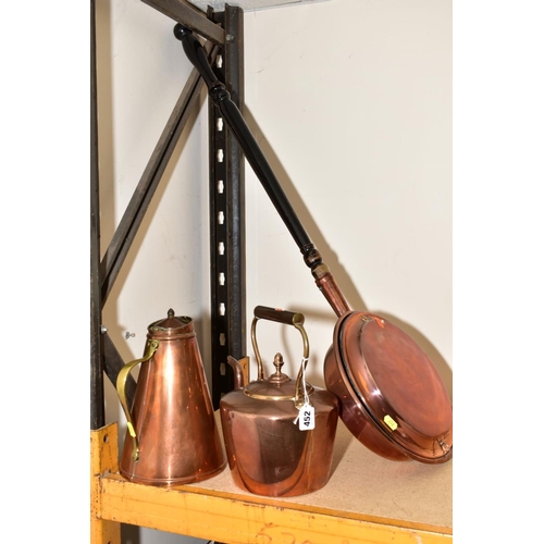 452 - A VICTORIAN COPPER KETTLE, a 19th Century copper warming pan on a turned wooden handle and an Edward... 