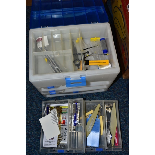 457 - TWO BOXES AND A BRIEFCASE OF MODEL MAKING AND ART EQUIPMENT, including lights, paints, sketch pads, ... 