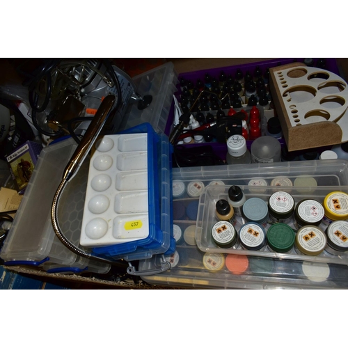 457 - TWO BOXES AND A BRIEFCASE OF MODEL MAKING AND ART EQUIPMENT, including lights, paints, sketch pads, ... 