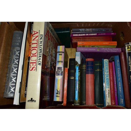 459 - FIVE BOXES OF BOOKS, including novels, reference for antiques, gardening, comedy, etc (5 boxes)