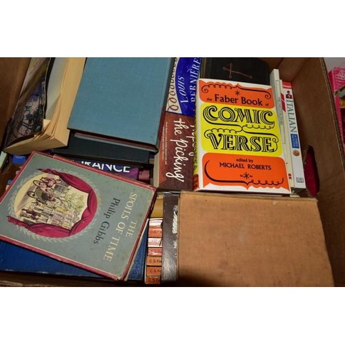 459 - FIVE BOXES OF BOOKS, including novels, reference for antiques, gardening, comedy, etc (5 boxes)