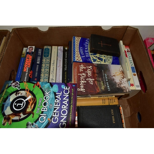 459 - FIVE BOXES OF BOOKS, including novels, reference for antiques, gardening, comedy, etc (5 boxes)