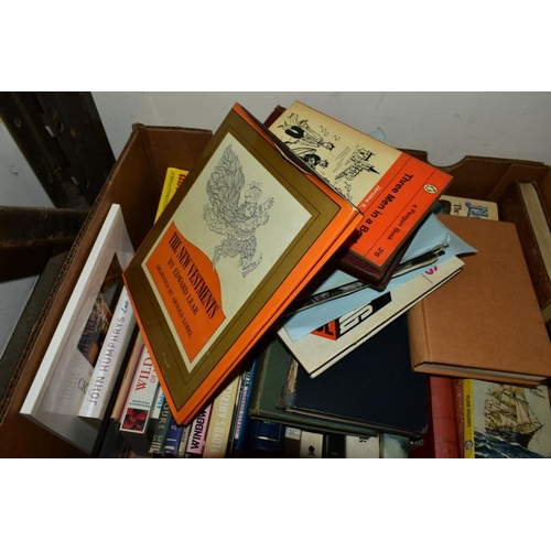 459 - FIVE BOXES OF BOOKS, including novels, reference for antiques, gardening, comedy, etc (5 boxes)