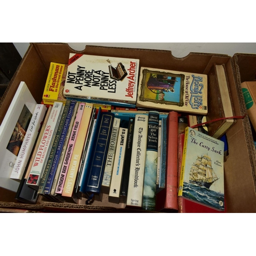 459 - FIVE BOXES OF BOOKS, including novels, reference for antiques, gardening, comedy, etc (5 boxes)