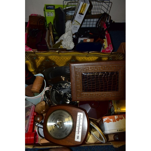 460 - THREE BOXES OF KITCHENALIA, ROYAL AIR FORCE BOOKS, BINOCULARS ETC, including a Comitti of London bar... 