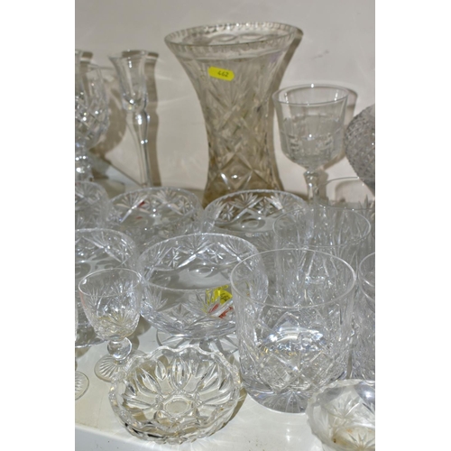 462 - A QUANTITY OF CUT GLASS, including a set of four Waterford Crystal brandy glasses, a Galway candle h... 