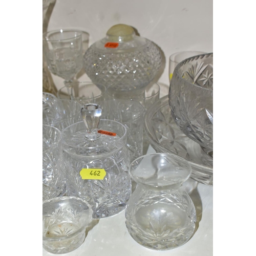 462 - A QUANTITY OF CUT GLASS, including a set of four Waterford Crystal brandy glasses, a Galway candle h... 