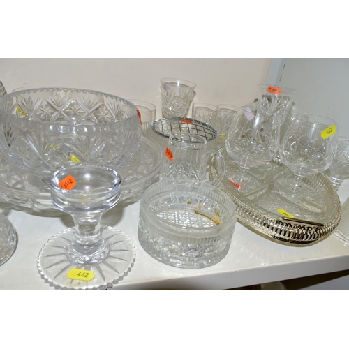 462 - A QUANTITY OF CUT GLASS, including a set of four Waterford Crystal brandy glasses, a Galway candle h... 