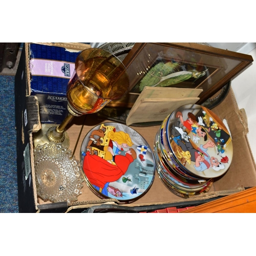 465 - TWO BOXES OF CERAMICS, METALWARES, BOOKS, SUITCASE, FIRE SCREEN, ETC, including a set of four Triump... 