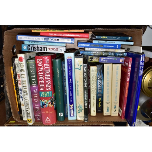 467 - THREE BOXES AND LOOSE BOOKS, PICTURES, BINOCULARS, LAMPS, ETC, books including interest in natural h... 