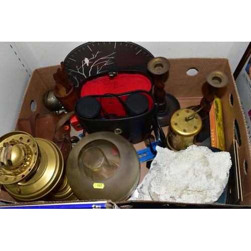 467 - THREE BOXES AND LOOSE BOOKS, PICTURES, BINOCULARS, LAMPS, ETC, books including interest in natural h... 