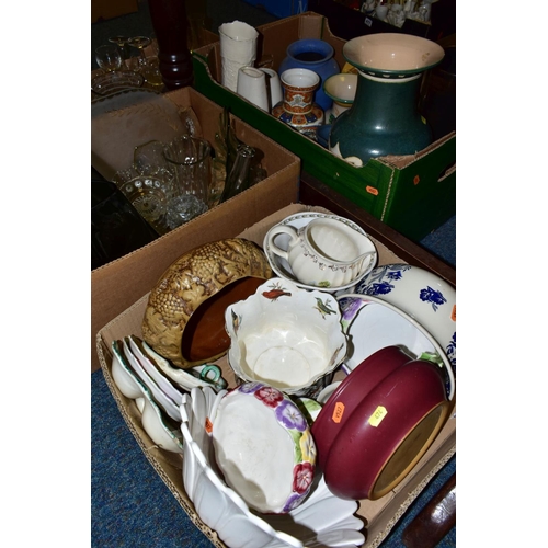 474 - FIVE BOXES AND LOOSE CERAMICS, including a small Victorian moulded stoneware teapot, a.f., a Portmer... 