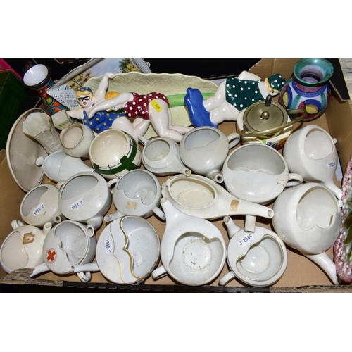 475 - FOUR BOXES OF EARLY 20TH CENTURY FEEDING CUPS, TORQUAY WARE AND SIMILAR, TREEN, ETC, including press... 