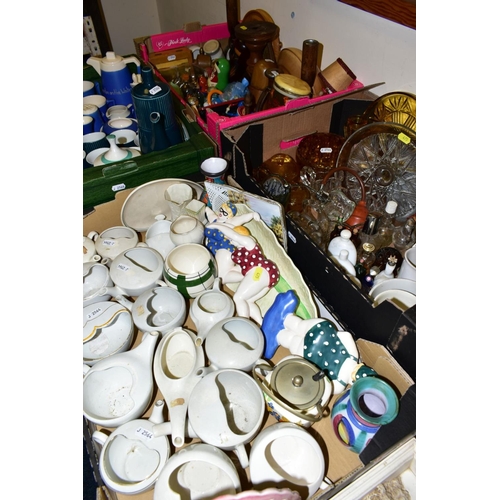 475 - FOUR BOXES OF EARLY 20TH CENTURY FEEDING CUPS, TORQUAY WARE AND SIMILAR, TREEN, ETC, including press... 